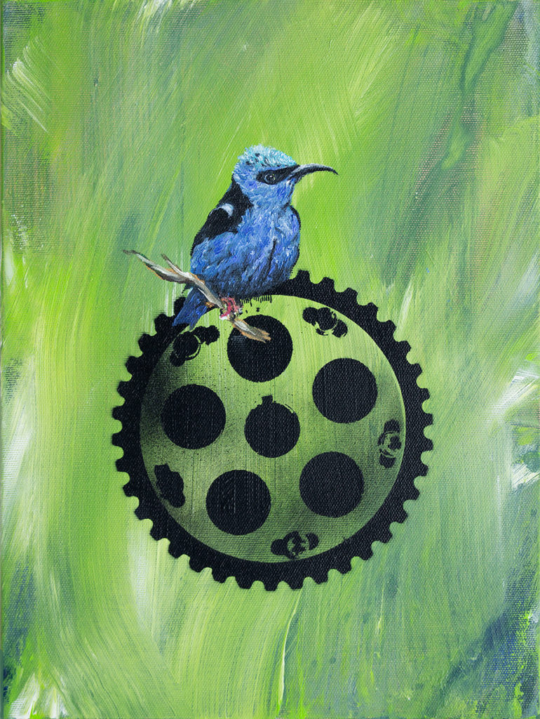 Blauer Vogel Auf Zahnrad 1 – 40 x 30 cm – Oil on canvas – 2018