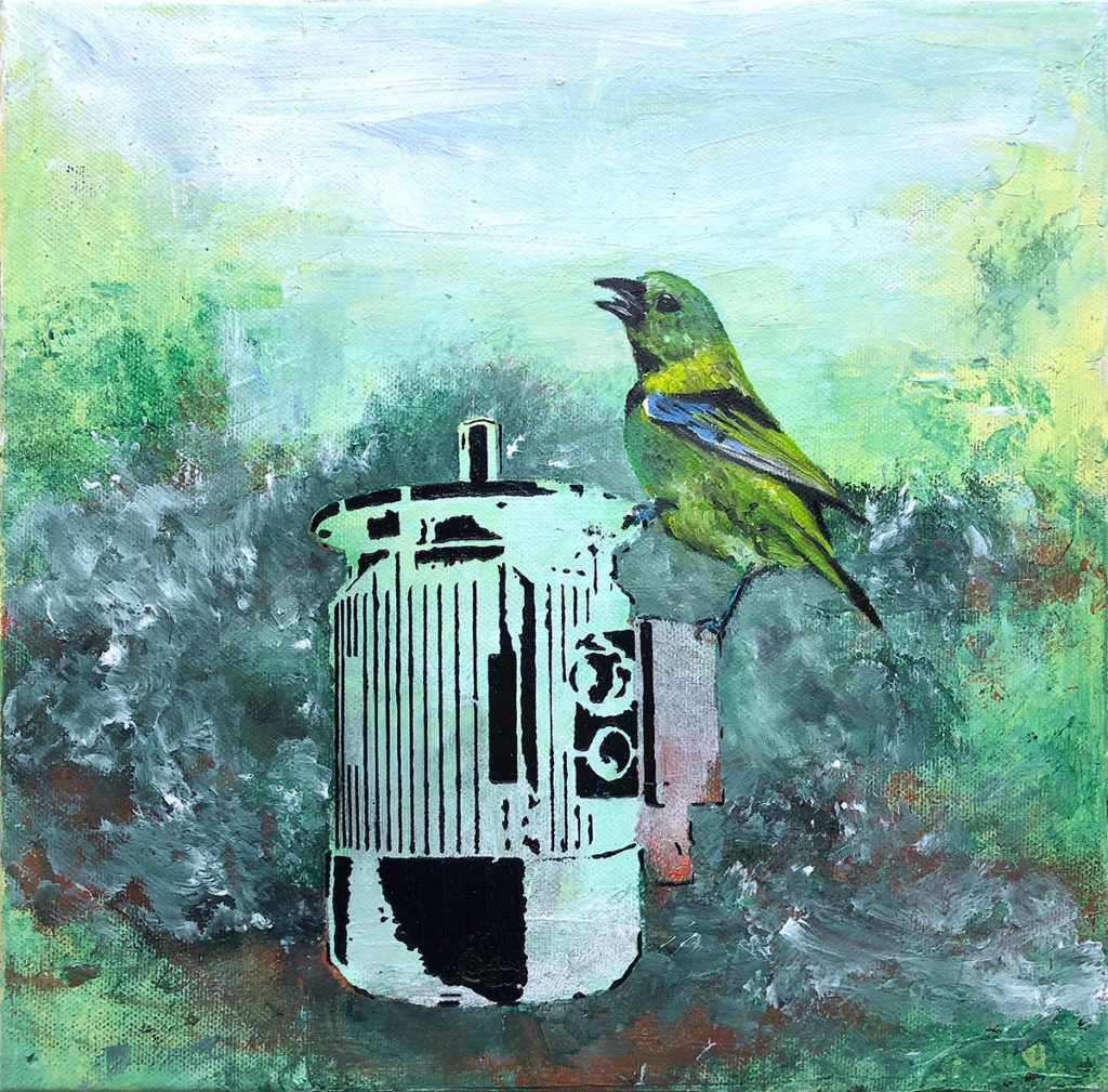 Grüner Vogel Auf Motor – 40 x 30 cm – Oil,acrylic on canvas – 2018