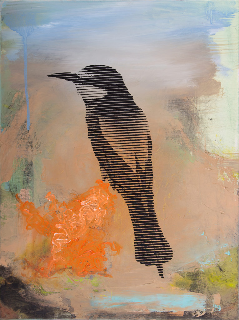 Schwarzer Vogel Auf Orange – 40 x 30 cm – Oil, acrylic on canvas – 2018